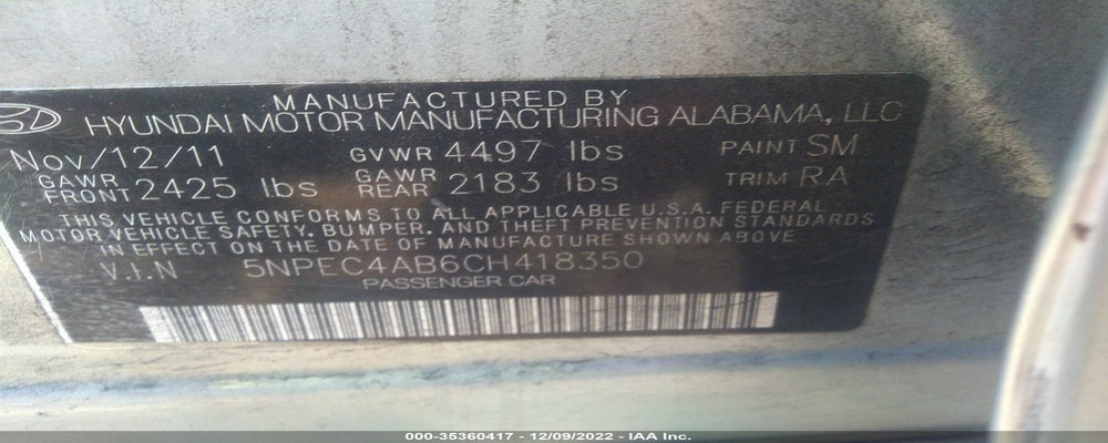 5NPEC4AB6CH418350 2012 HYUNDAI SONATA photo no. 9