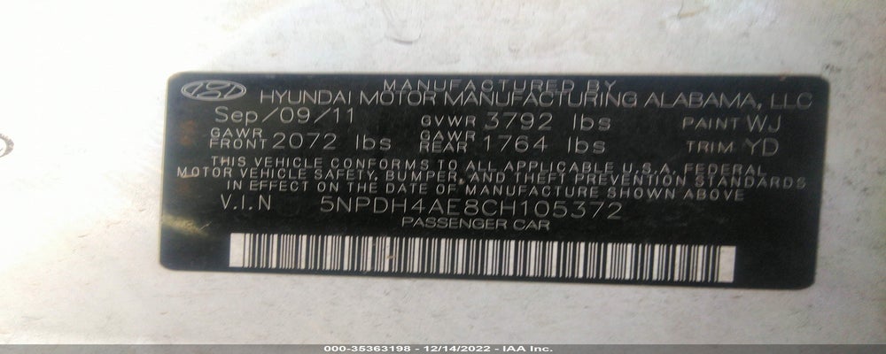5NPDH4AE8CH105372 2012 HYUNDAI ELANTRA photo no. 9