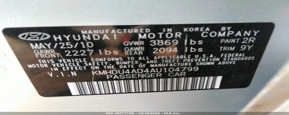 KMHDU4AD4AU104799 2010 HYUNDAI ELANTRA photo no. 9