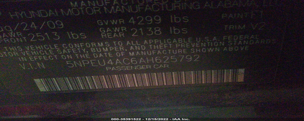 5NPEU4AC6AH625792 2010 HYUNDAI SONATA photo no. 9