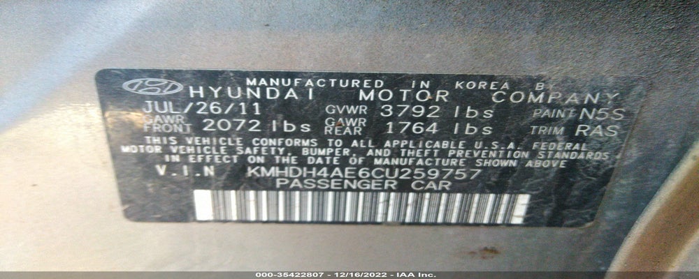 KMHDH4AE6CU259757 2012 HYUNDAI ELANTRA photo no. 9