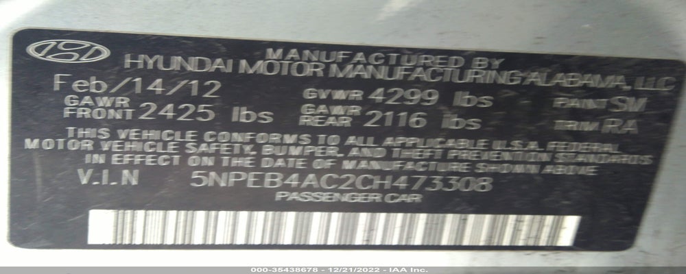5NPEB4AC2CH473308 2012 HYUNDAI SONATA photo no. 9