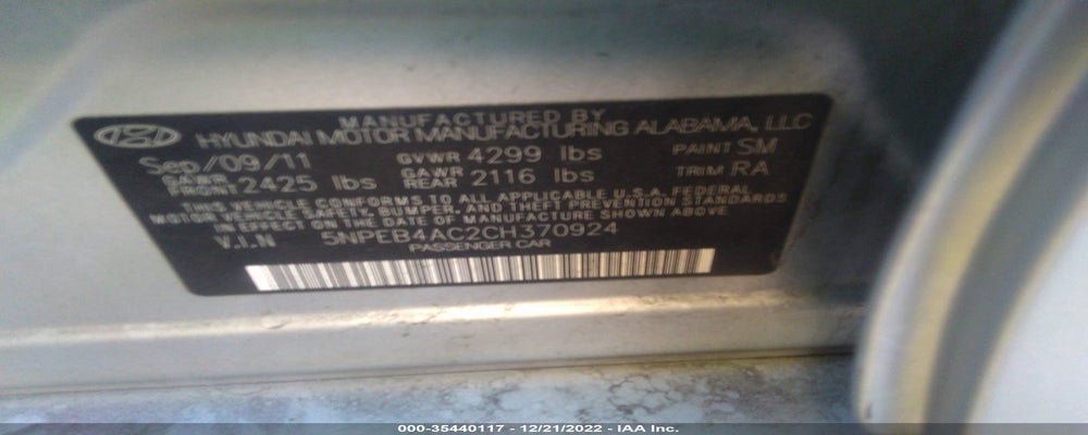 5NPEB4AC2CH370924 2012 HYUNDAI SONATA photo no. 9