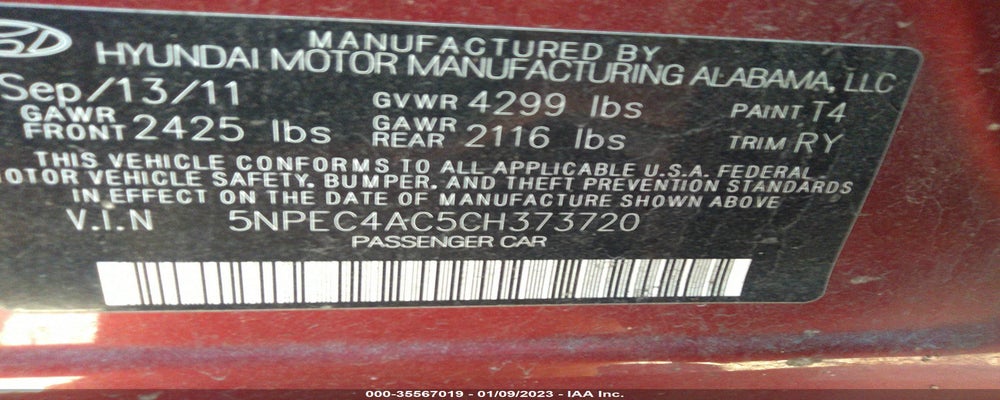5NPEC4AC5CH373720 2012 HYUNDAI SONATA photo no. 9
