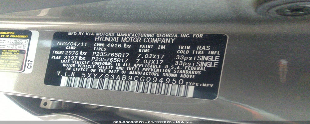 5XYZG3AB9CG094950 2012 HYUNDAI SANTA FE photo no. 9