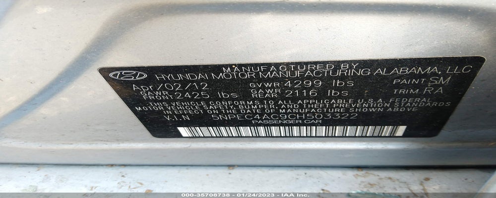 5NPEC4AC9CH503322 2012 HYUNDAI SONATA photo no. 9