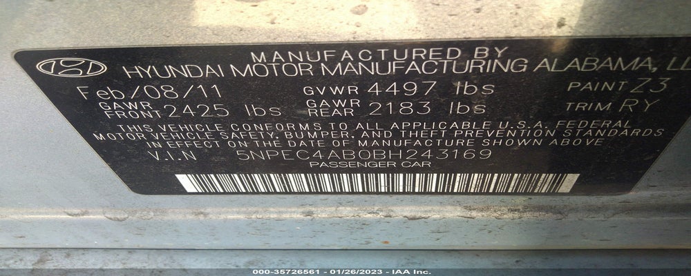 5NPEC4AB0BH243169 2011 HYUNDAI SONATA photo no. 9