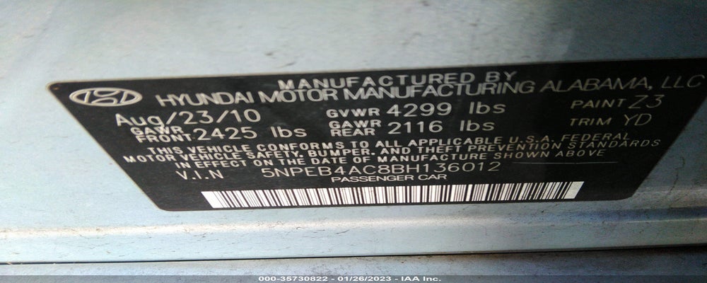 5NPEB4AC8BH136012 2011 HYUNDAI SONATA photo no. 9
