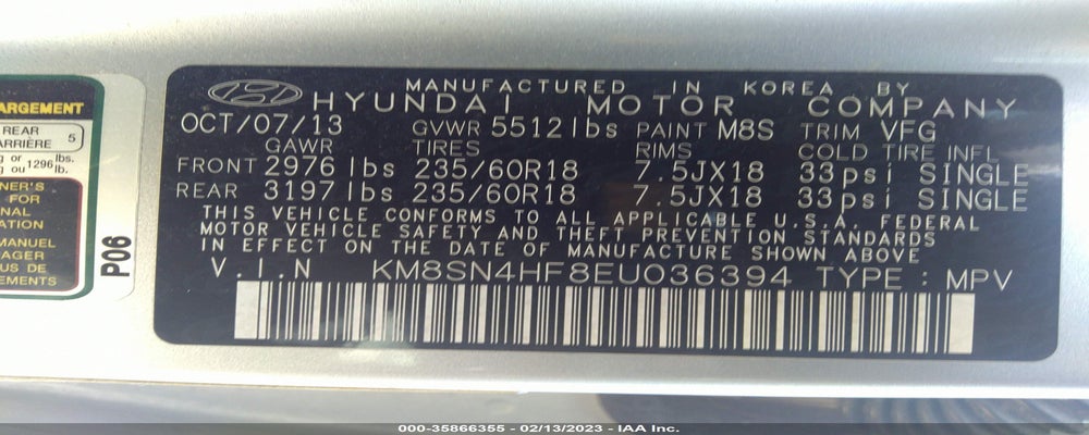 KM8SN4HF8EU036394 2014 HYUNDAI SANTA FE photo no. 9