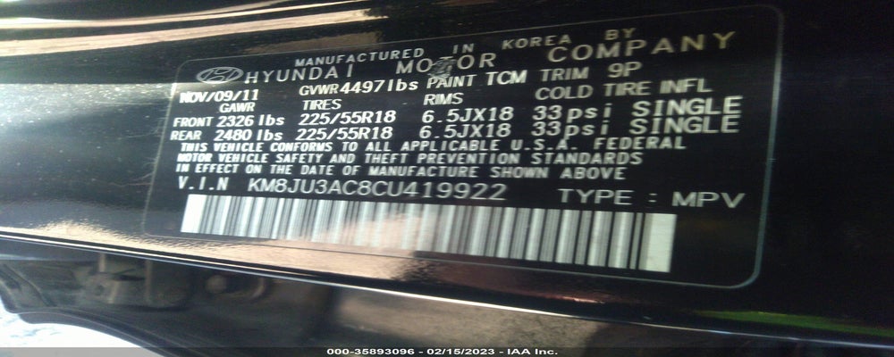 KM8JU3AC8CU419922 2012 HYUNDAI TUCSON photo no. 9