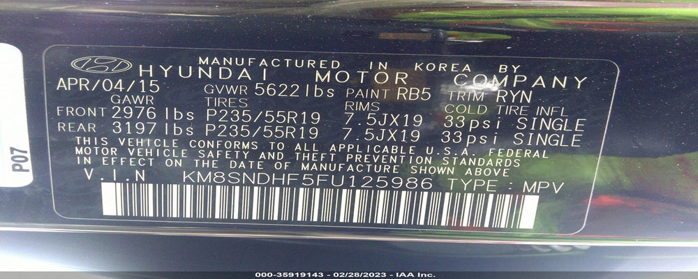 KM8SNDHF5FU125986 2015 HYUNDAI SANTA FE photo no. 9
