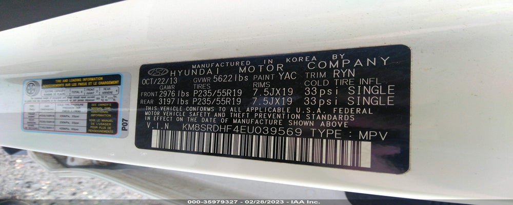 KM8SRDHF4EU039569 2014 HYUNDAI SANTA FE photo no. 9