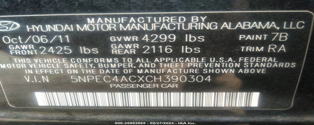 5NPEC4ACXCH390304 2012 HYUNDAI SONATA photo no. 9