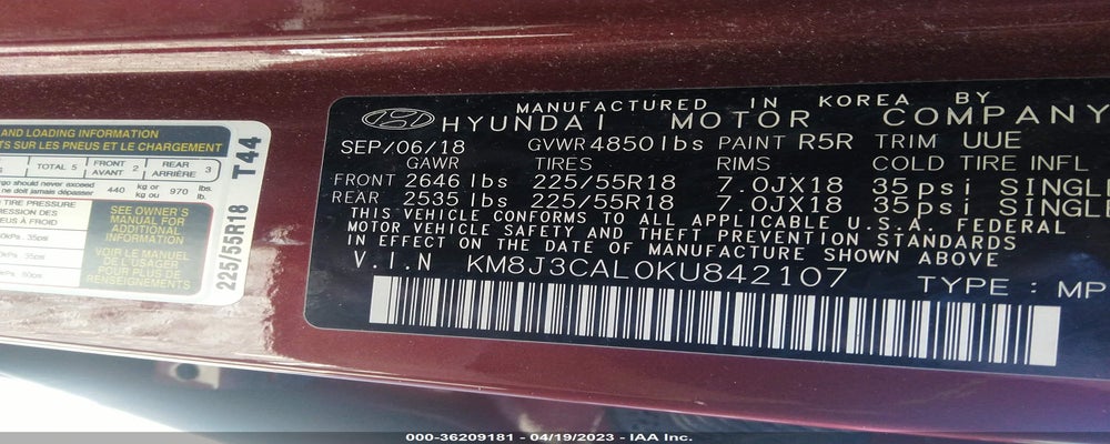 KM8J3CAL0KU842107 2019 HYUNDAI TUCSON photo no. 9