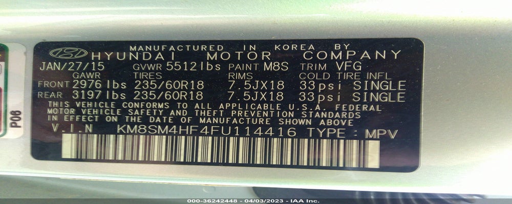 KM8SM4HF4FU114416 2015 HYUNDAI SANTA FE photo no. 9