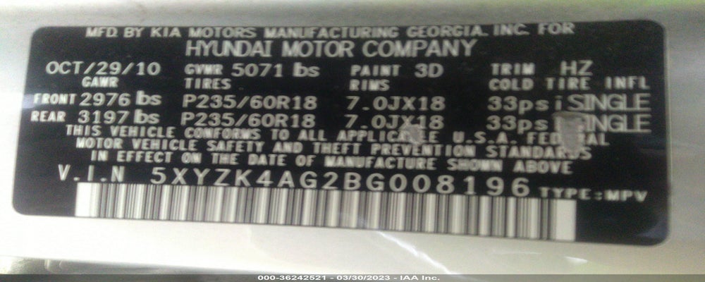 5XYZK4AG2BG008196 2011 HYUNDAI SANTA FE photo no. 9
