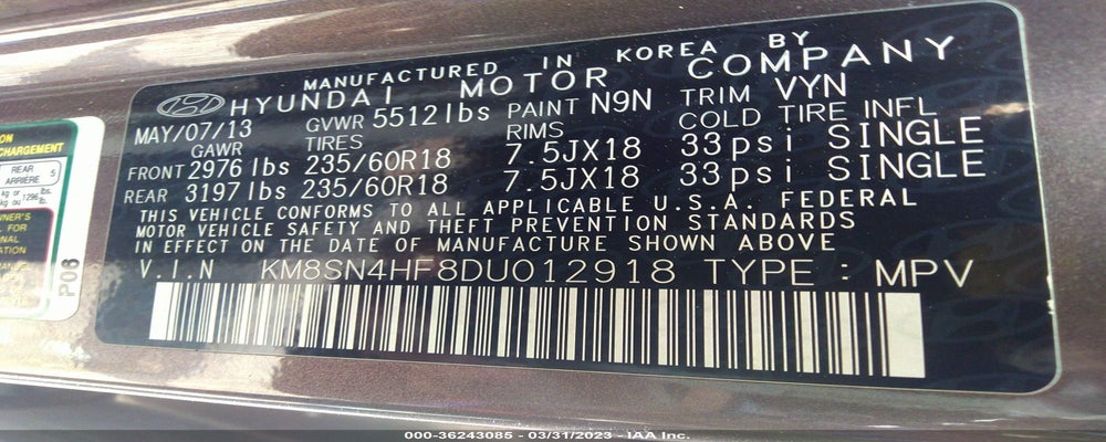 KM8SN4HF8DU012918 2013 HYUNDAI SANTA FE photo no. 9