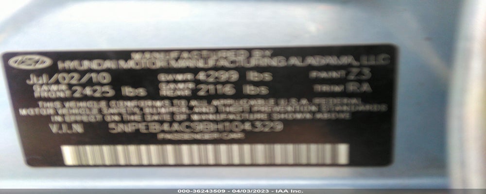5NPEB4AC9BH104329 2011 HYUNDAI SONATA photo no. 9