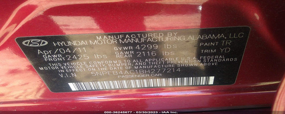 5NPEB4AC1BH277214 2011 HYUNDAI SONATA photo no. 9