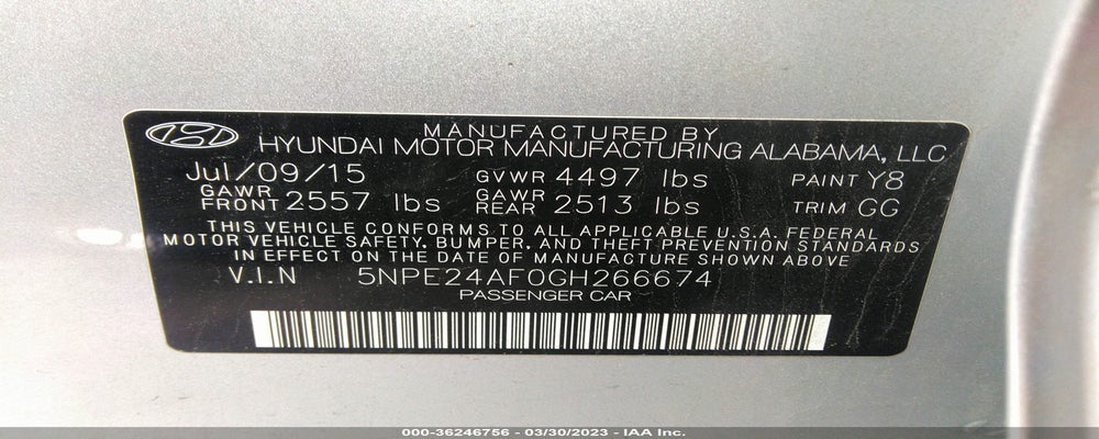 5NPE24AF0GH266674 2016 HYUNDAI SONATA photo no. 9