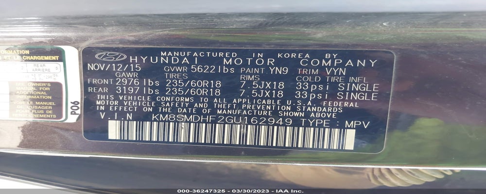 KM8SMDHF2GU162949 2016 HYUNDAI SANTA FE photo no. 9