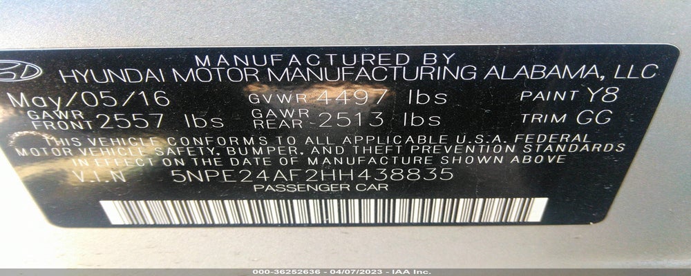 5NPE24AF2HH438835 2017 HYUNDAI SONATA photo no. 9