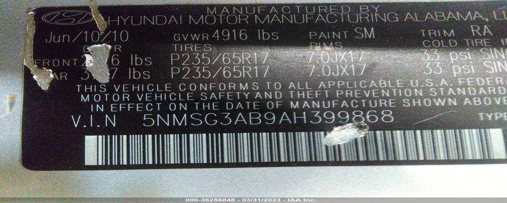 5NMSG3AB9AH399868 2010 HYUNDAI SANTA FE photo no. 9