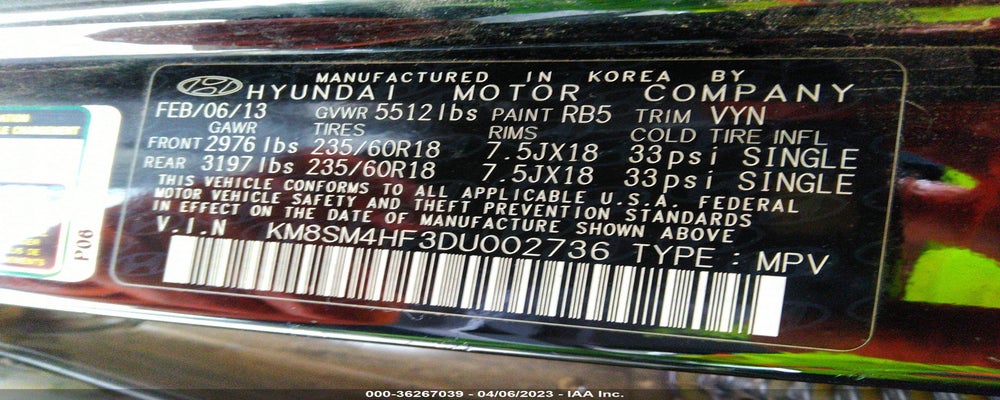 KM8SM4HF3DU002736 2013 HYUNDAI SANTA FE photo no. 9