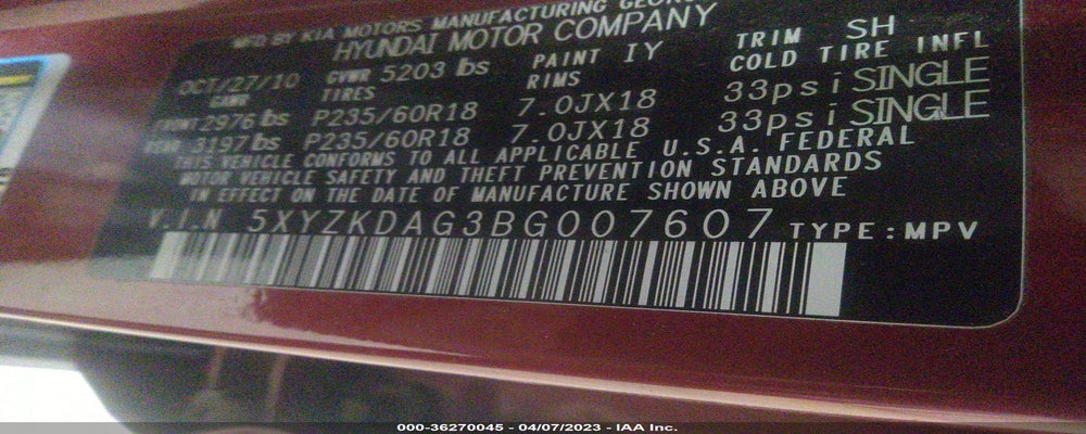 5XYZKDAG3BG007607 2011 HYUNDAI SANTA FE photo no. 9