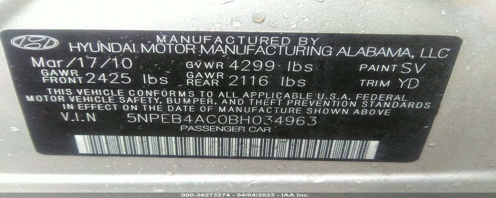 5NPEB4AC0BH034963 2011 HYUNDAI SONATA photo no. 9