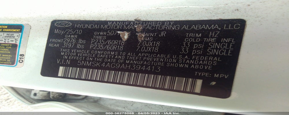 5NMSK4AG9AH394413 2010 HYUNDAI SANTA FE photo no. 9