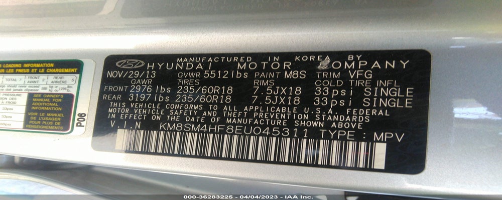 KM8SM4HF8EU045311 2014 HYUNDAI SANTA FE photo no. 9