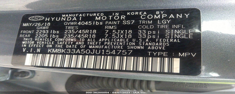 KM8K33A50JU154757 2018 HYUNDAI KONA photo no. 9