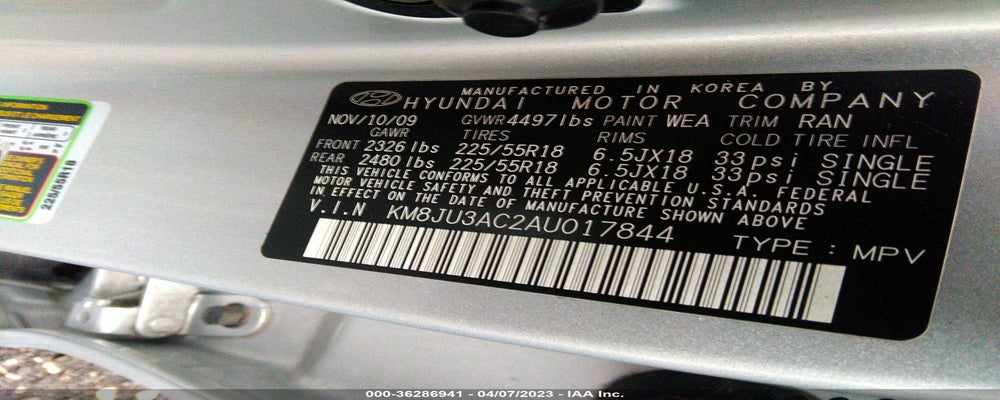 KM8JU3AC2AU017844 2010 HYUNDAI TUCSON photo no. 9