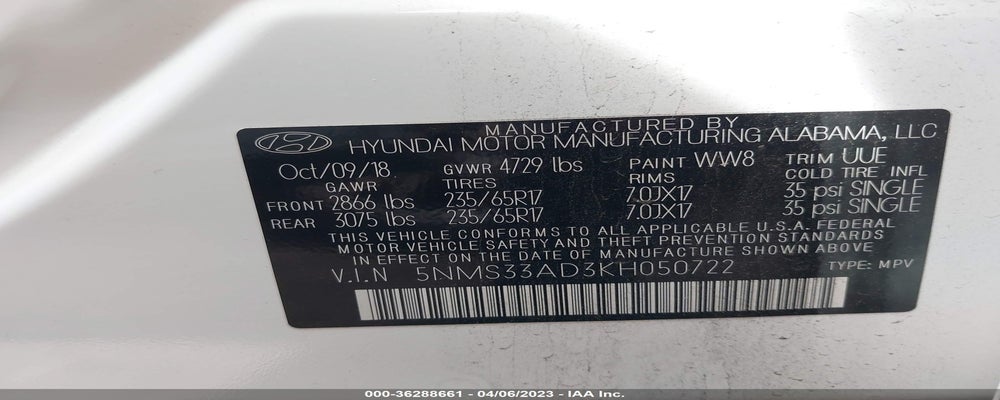 5NMS33AD3KH050722 2019 HYUNDAI SANTA FE photo no. 9