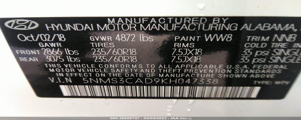 5NMS3CAD9KH047338 2019 HYUNDAI SANTA FE photo no. 9