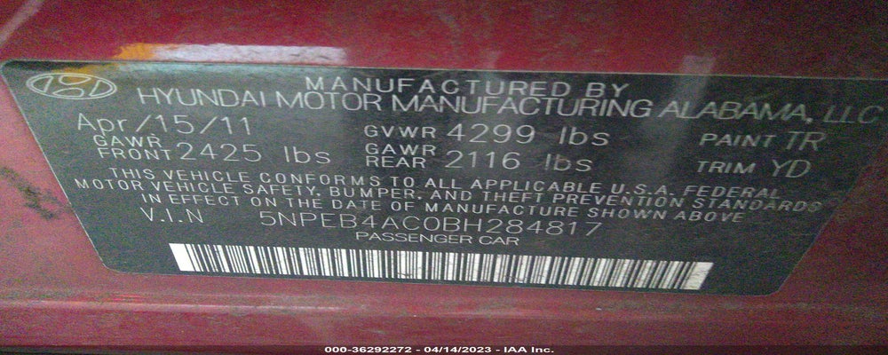5NPEB4AC0BH284817 2011 HYUNDAI SONATA photo no. 9