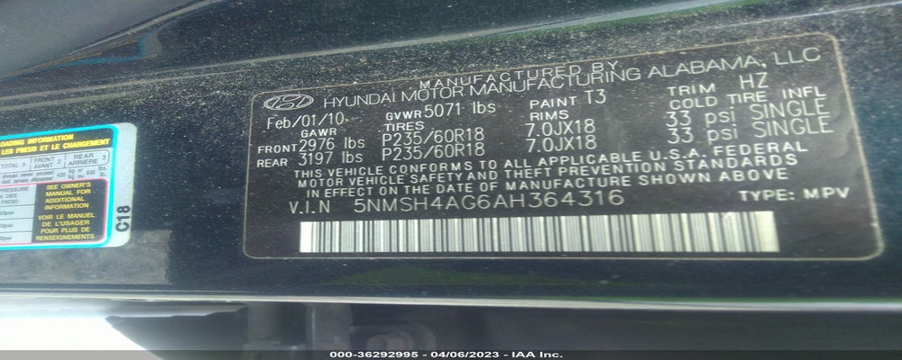 5NMSH4AG6AH364316 2010 HYUNDAI SANTA FE photo no. 9