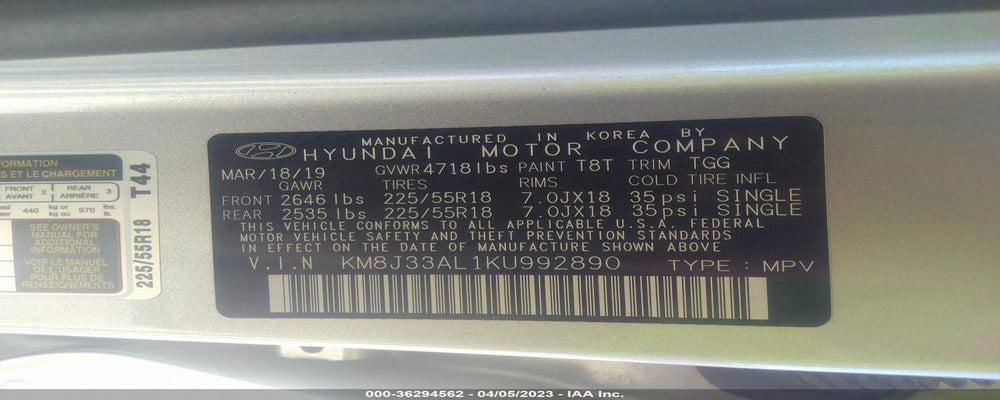 KM8J33AL1KU992890 2019 HYUNDAI TUCSON photo no. 9