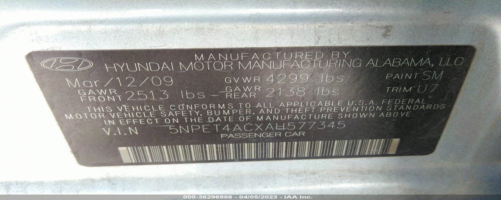 5NPET4ACXAH577345 2010 HYUNDAI SONATA photo no. 9