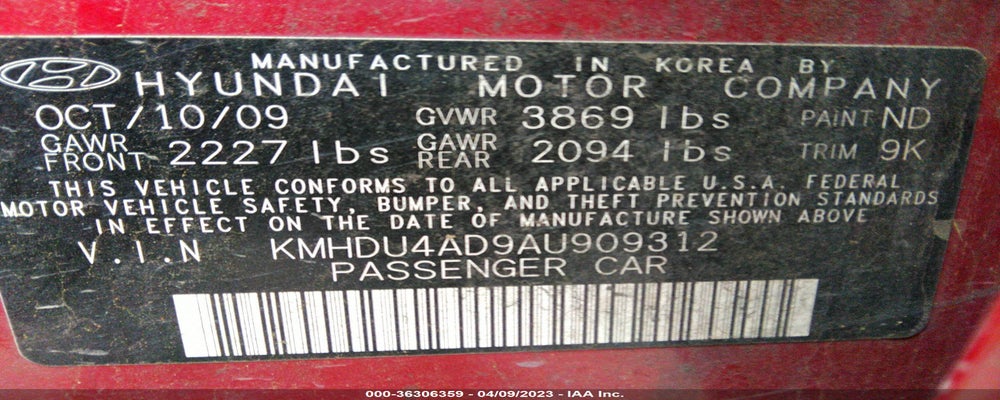 KMHDU4AD9AU909312 2010 HYUNDAI ELANTRA photo no. 9