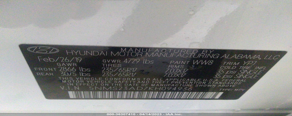 5NMS23AD7KH094936 2019 HYUNDAI SANTA FE photo no. 9