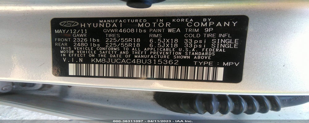 KM8JUCAC4BU315362 2011 HYUNDAI TUCSON photo no. 9