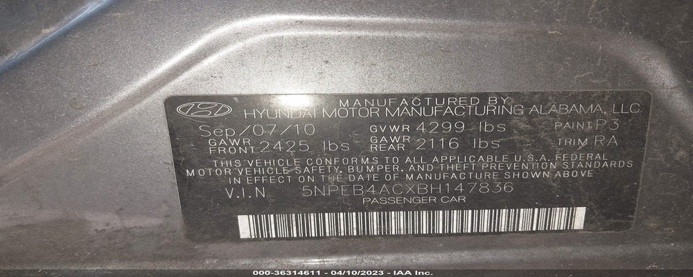 5NPEB4ACXBH147836 2011 HYUNDAI SONATA photo no. 9