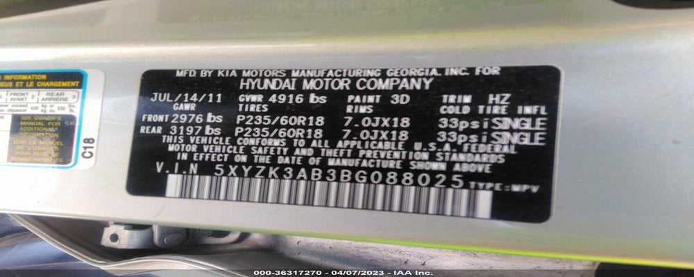 5XYZK3AB3BG088025 2011 HYUNDAI SANTA FE photo no. 9