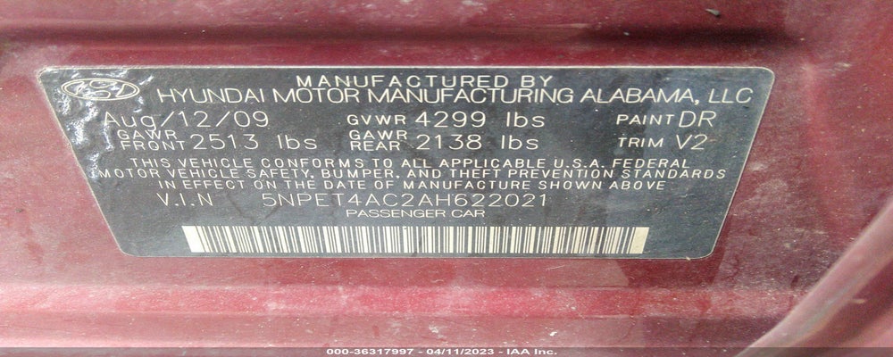 5NPET4AC2AH622021 2010 HYUNDAI SONATA photo no. 9