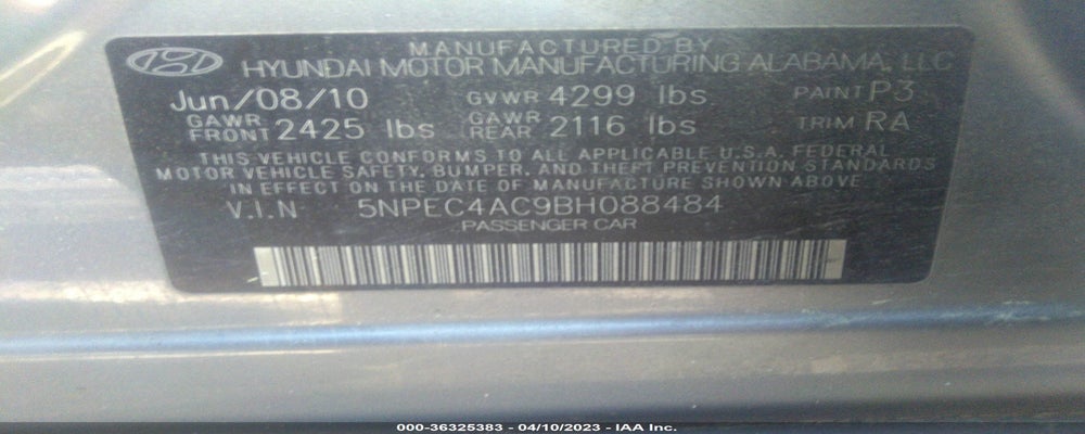 5NPEC4AC9BH088484 2011 HYUNDAI SONATA photo no. 9