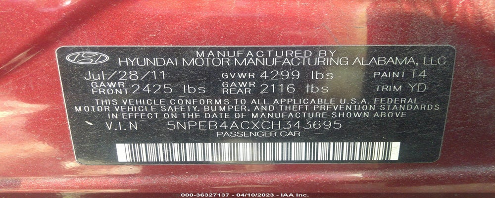 5NPEB4ACXCH343695 2012 HYUNDAI SONATA photo no. 9