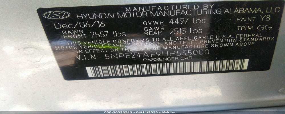 5NPE24AF9HH535000 2017 HYUNDAI SONATA photo no. 9