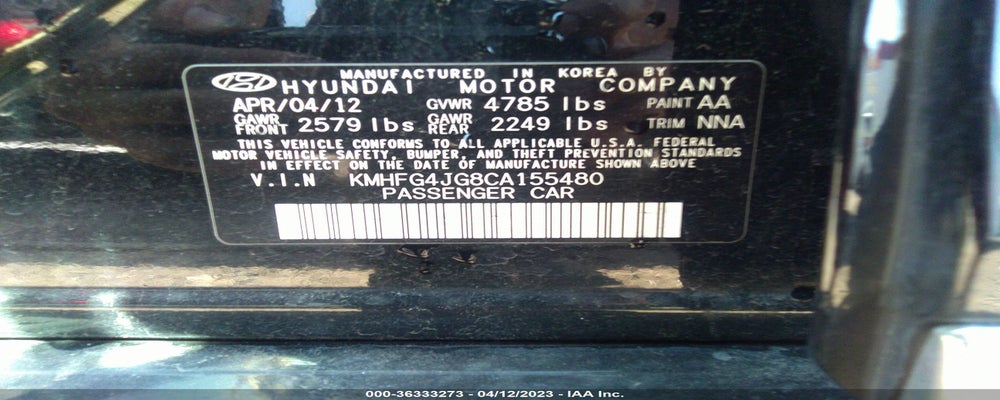 KMHFG4JG8CA155480 2012 HYUNDAI AZERA photo no. 9